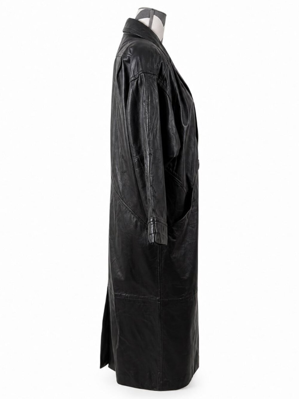 Vintage 90s Black Leather Trench Coat Oversized Minimalist Long Coat - Size M - Picture 7 of 11
